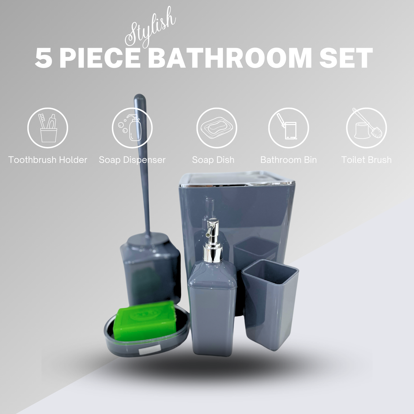 5 Piece Stylish Bathroom Set Square Bin