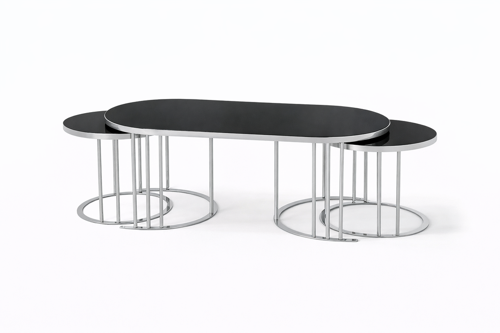 Luna Modern Nesting Coffee Table Set – Oval Glass Top, Metal Frame (120 cm)