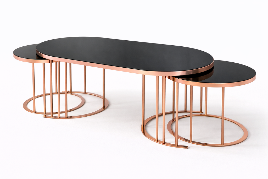 Luna Modern Nesting Coffee Table Set – Oval Glass Top, Metal Frame (120 cm)