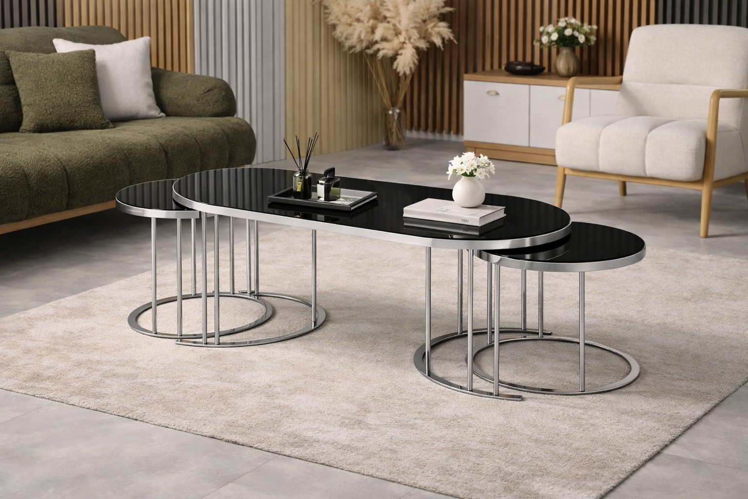Luna Modern Nesting Coffee Table Set – Oval Glass Top, Metal Frame (120 cm)