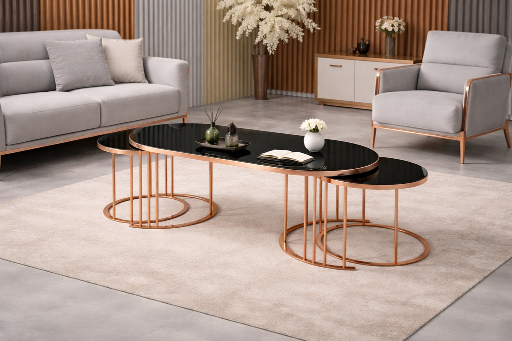 Luna Modern Nesting Coffee Table Set – Oval Glass Top, Metal Frame (120 cm)