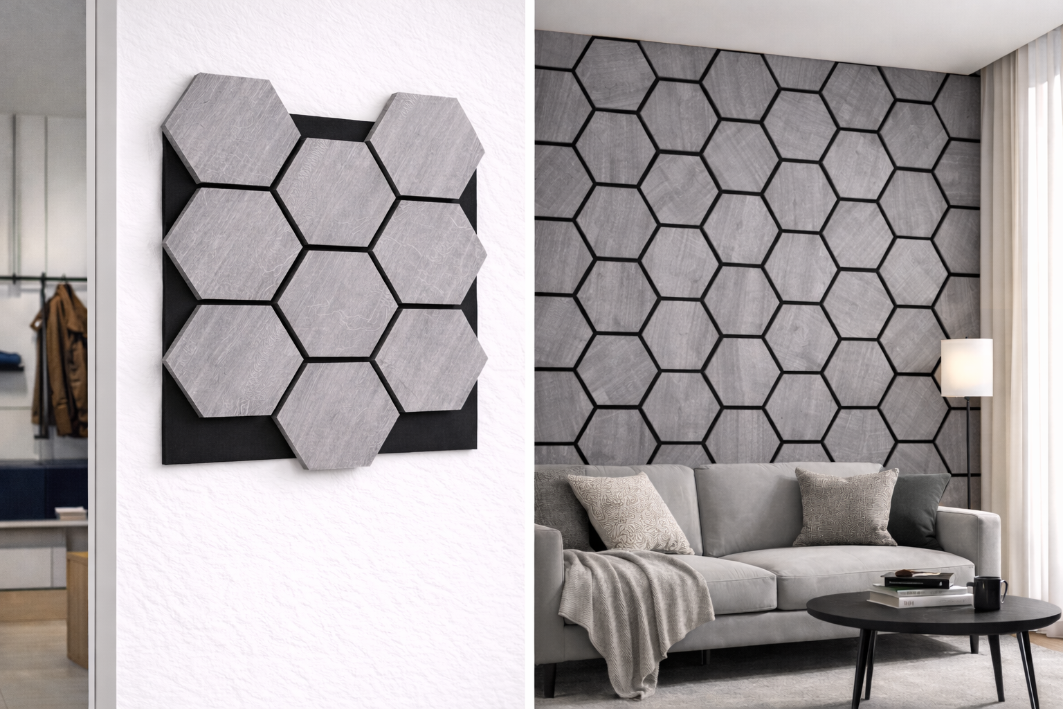 Hexagon Wall Panel – 60 × 70 cm Concrete Grey | Interlocking Decorative Feature Panels