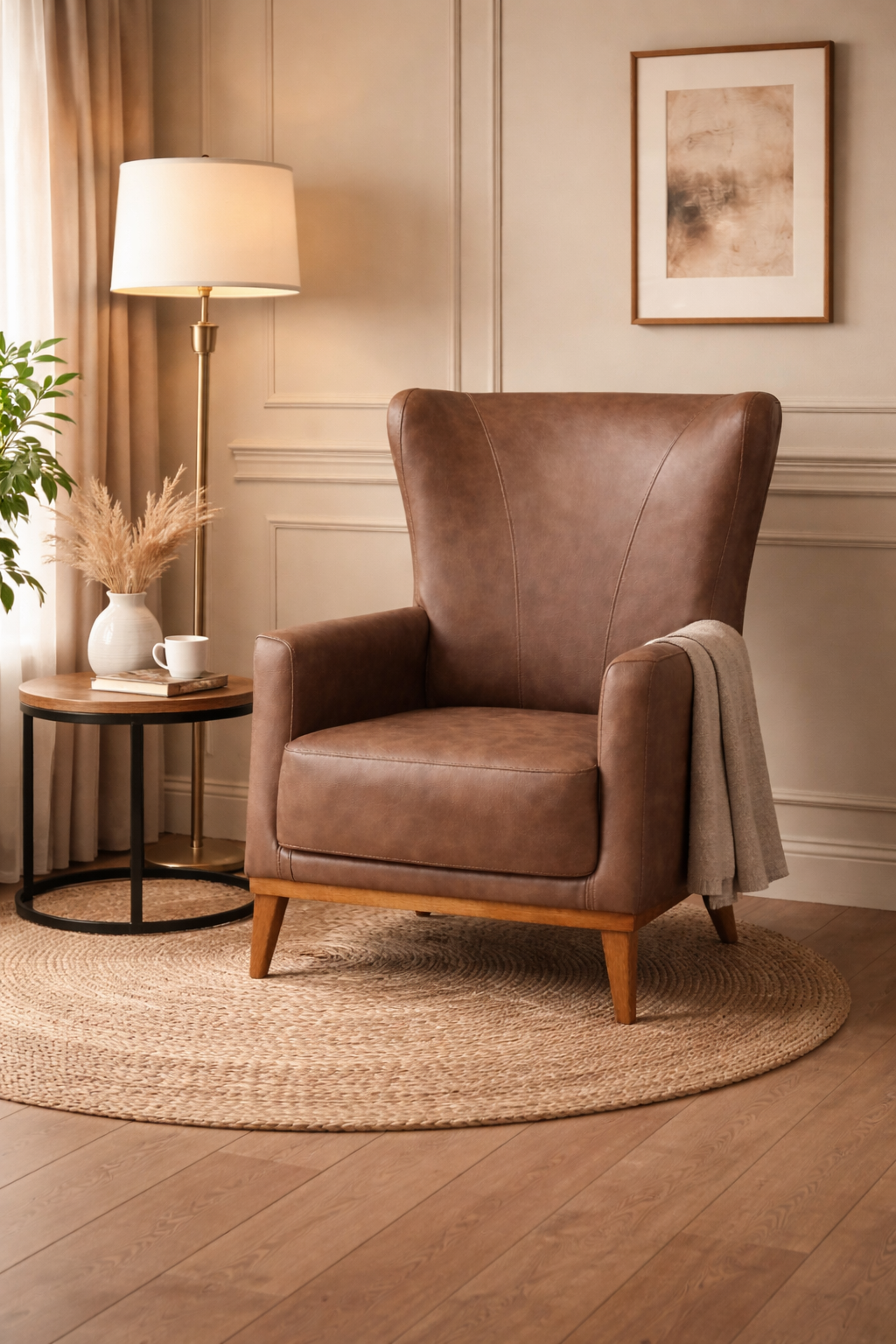 Haven Brown Wingback Armchair – Durable Fabric, Warm Touch.