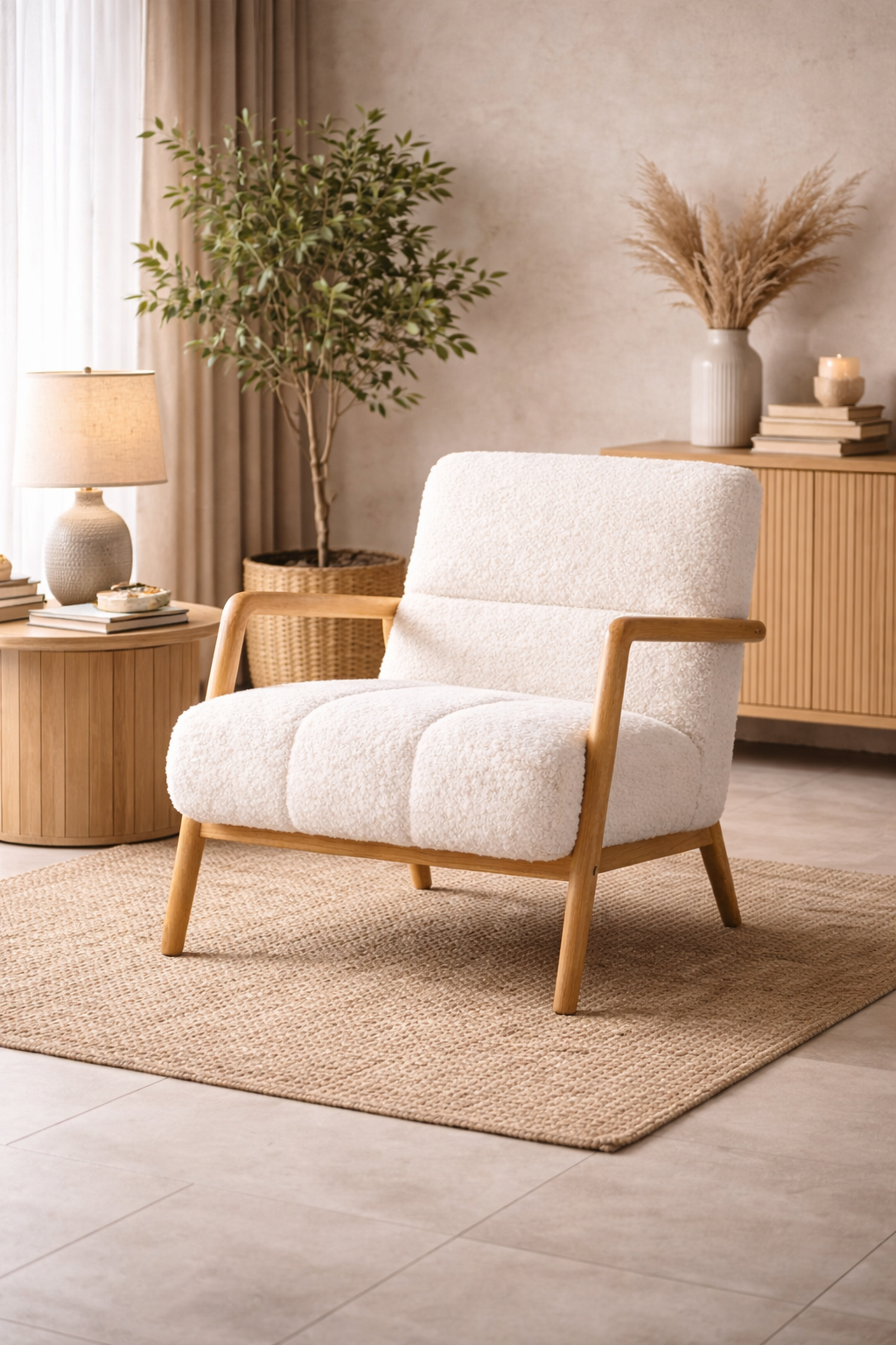 Rigel Plush Armchair – Soft White Fabric, Modern Comfort