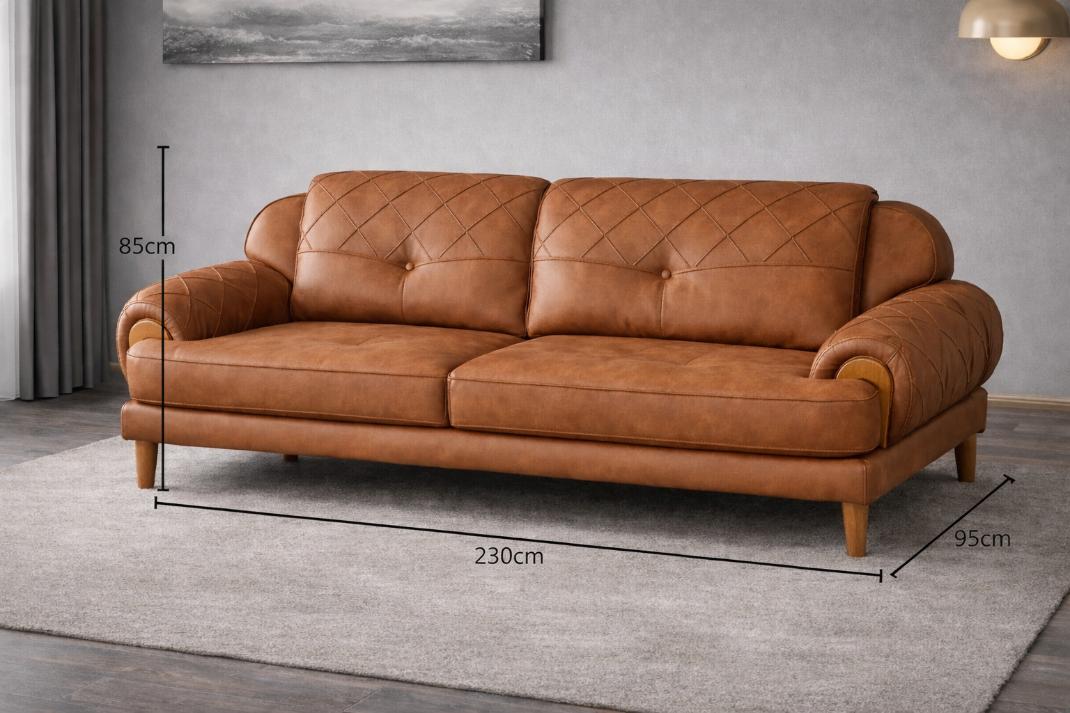 Warm Saddle Tan Leather-Effect 3-Seater Sofa – Durable Synthetic Fabric, Modern Comfort