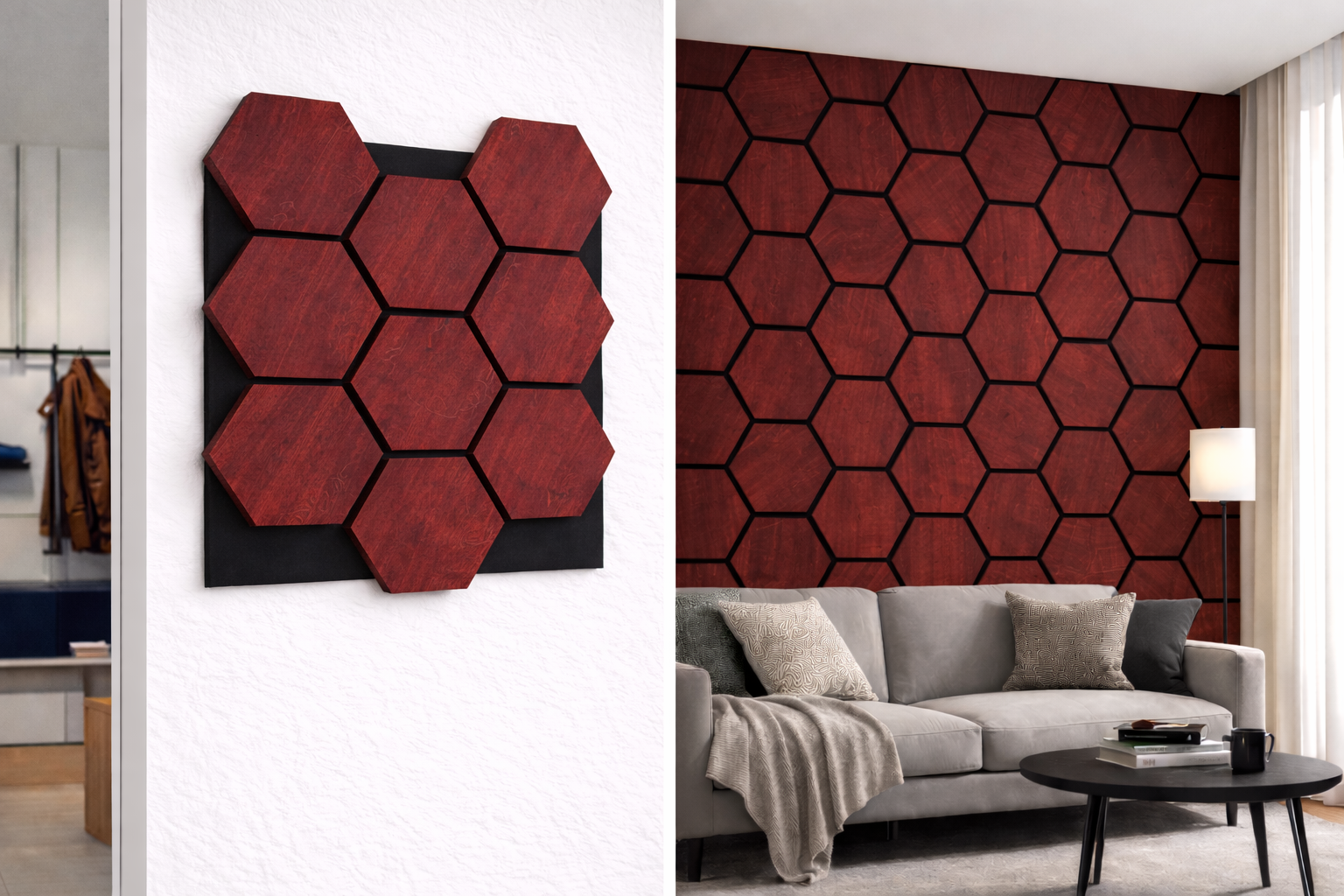 Hexagon Wall Panel  – 60 × 70 cm Burgundy | Interlocking Decorative Feature Panels