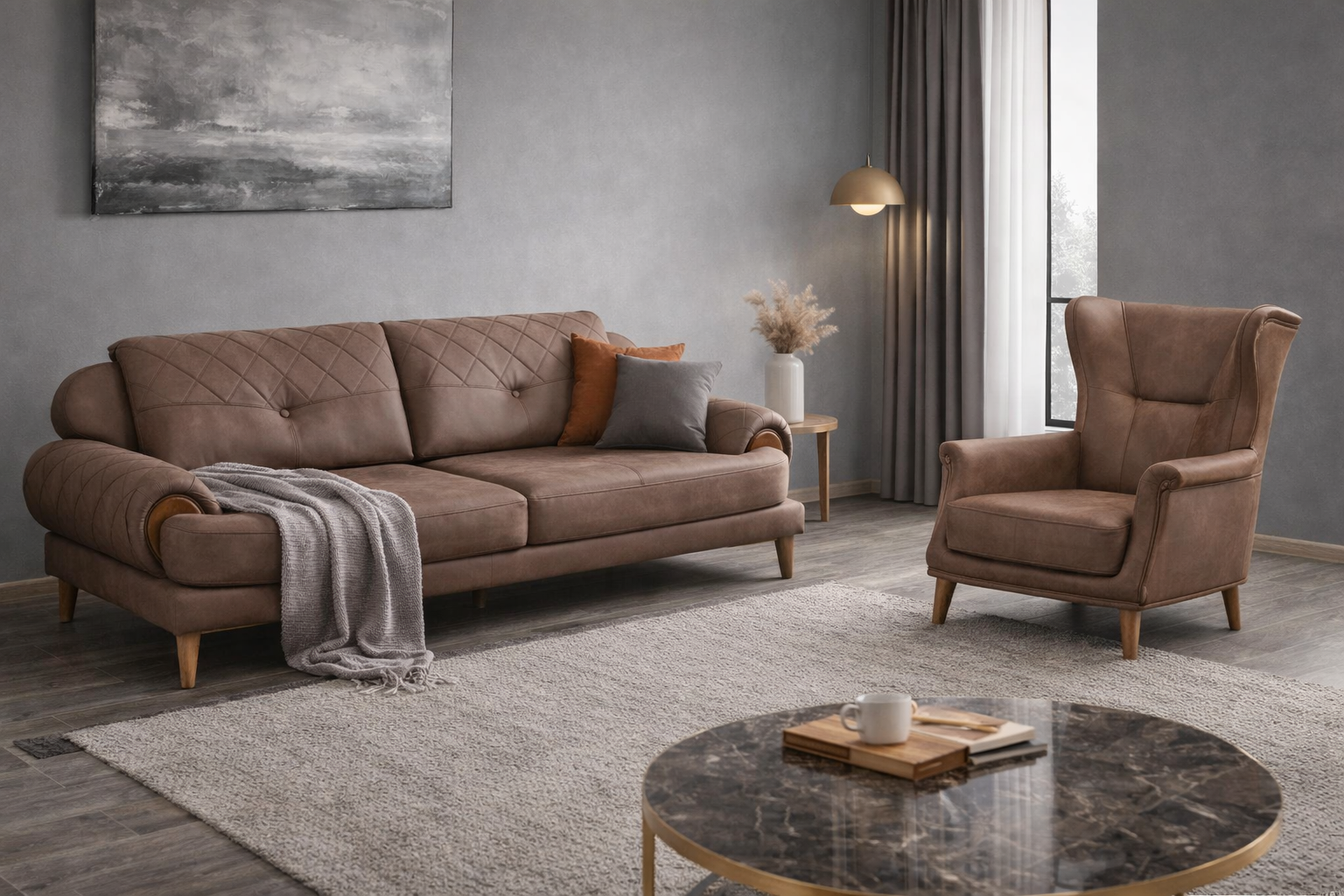 Warm Taupe Leather-Effect 3-Seater Sofa – Durable Synthetic Fabric, Modern Comfort