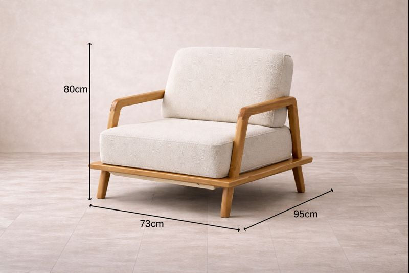 Cream White Boucle Armchair with Natural Wood Frame