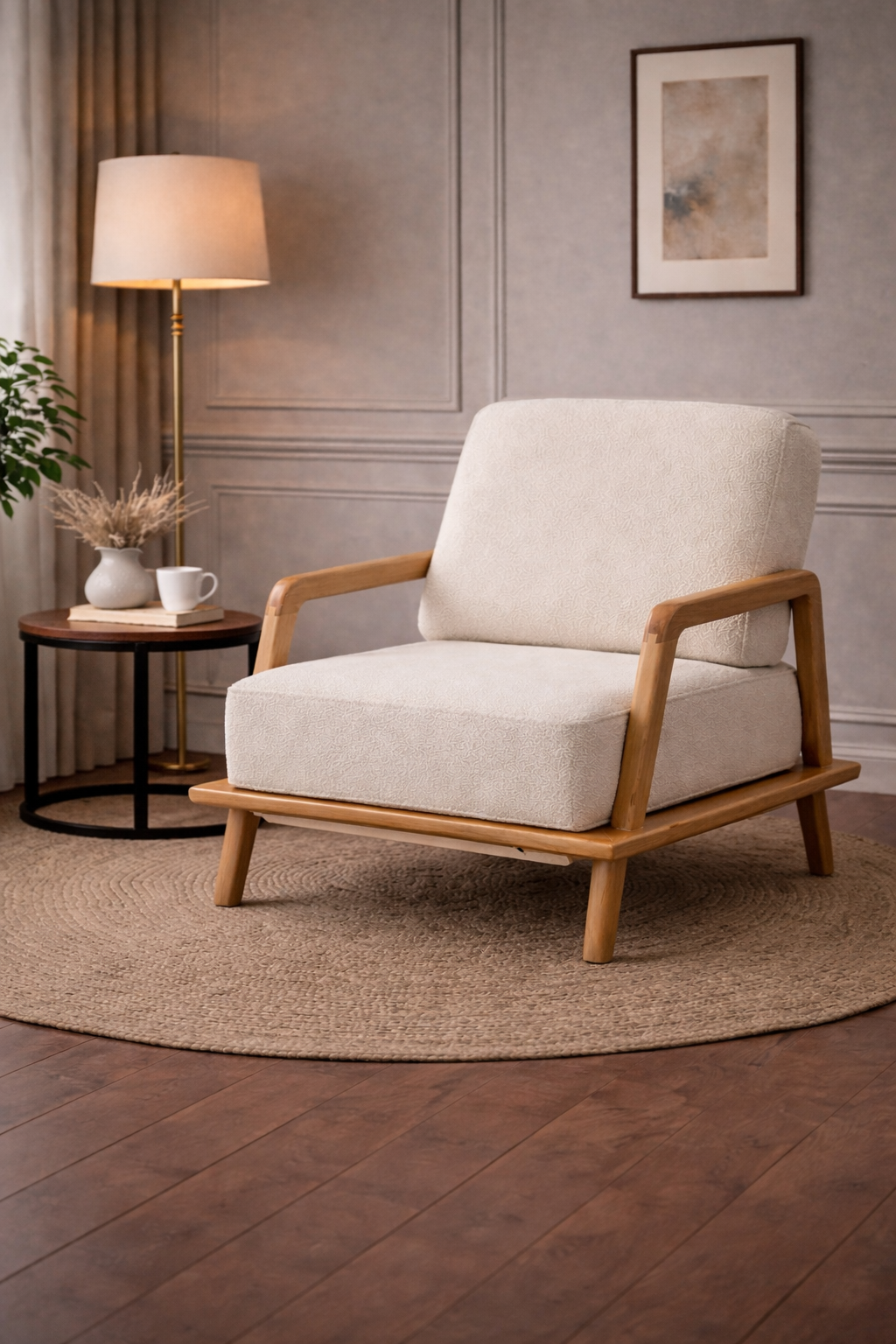 Cream White Boucle Armchair with Natural Wood Frame