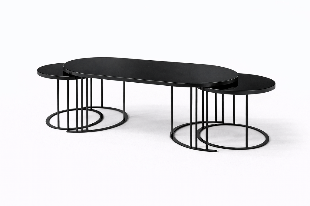 Luna Modern Nesting Coffee Table Set – Oval Glass Top, Metal Frame (120 cm)