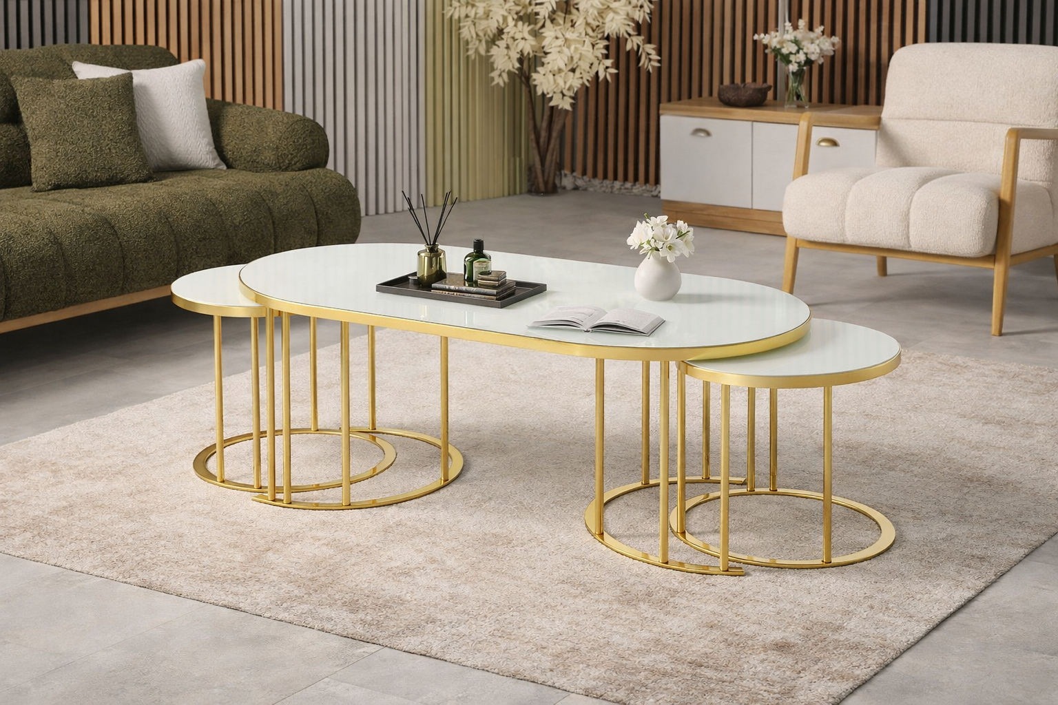 Luna Modern Nesting Coffee Table Set – Oval Glass Top, Metal Frame (120 cm)
