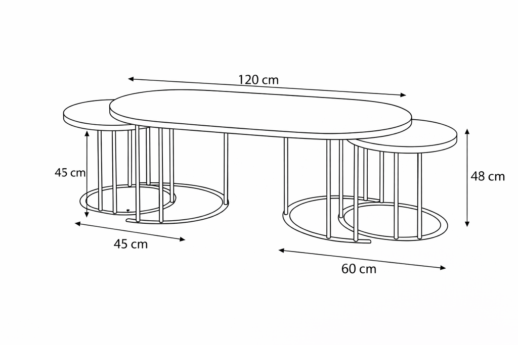 Luna Modern Nesting Coffee Table Set – Oval Glass Top, Metal Frame (120 cm)