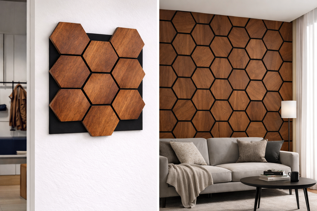 Hexagon Wall Panel – 60 × 70 cm Walnut | Interlocking Decorative Feature Panels