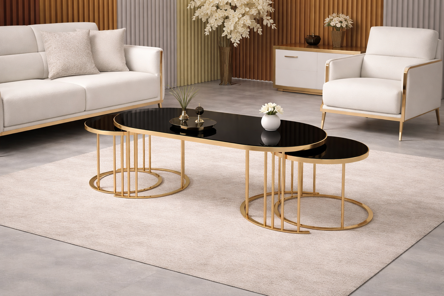 Luna Modern Nesting Coffee Table Set – Oval Glass Top, Metal Frame (120 cm)
