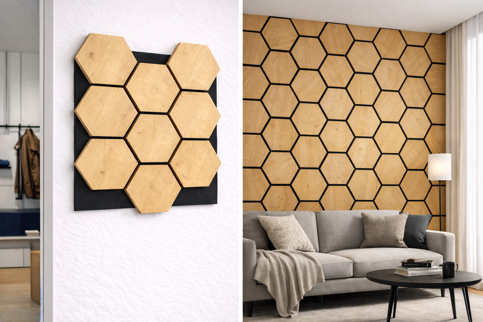 Hexagon Wall Panel – 60 × 70 cm Natural Oak | Interlocking Decorative Feature Panels