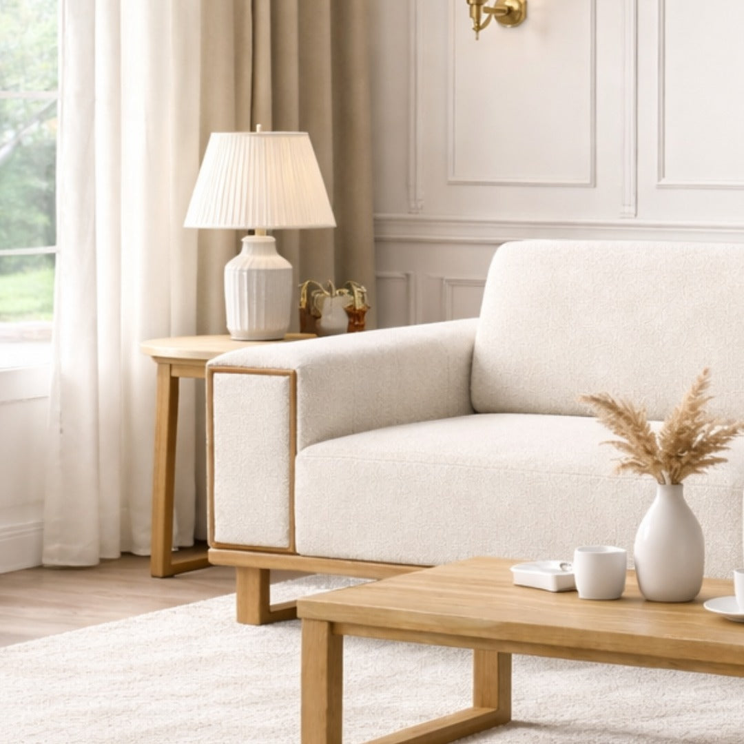 Rigel White Boucle Sofa with Natural Wood Frame