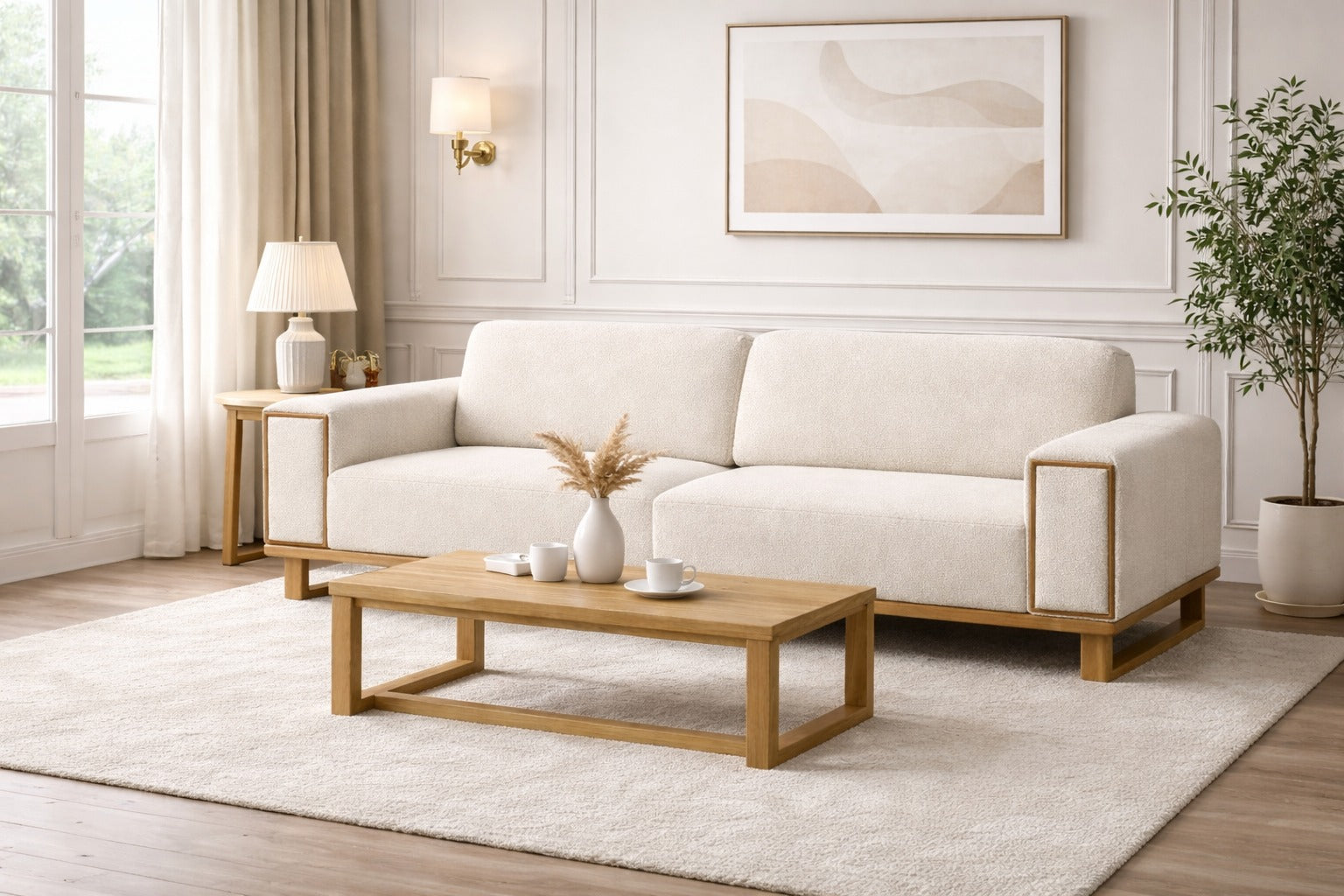 Rigel White Boucle Sofa with Natural Wood Frame