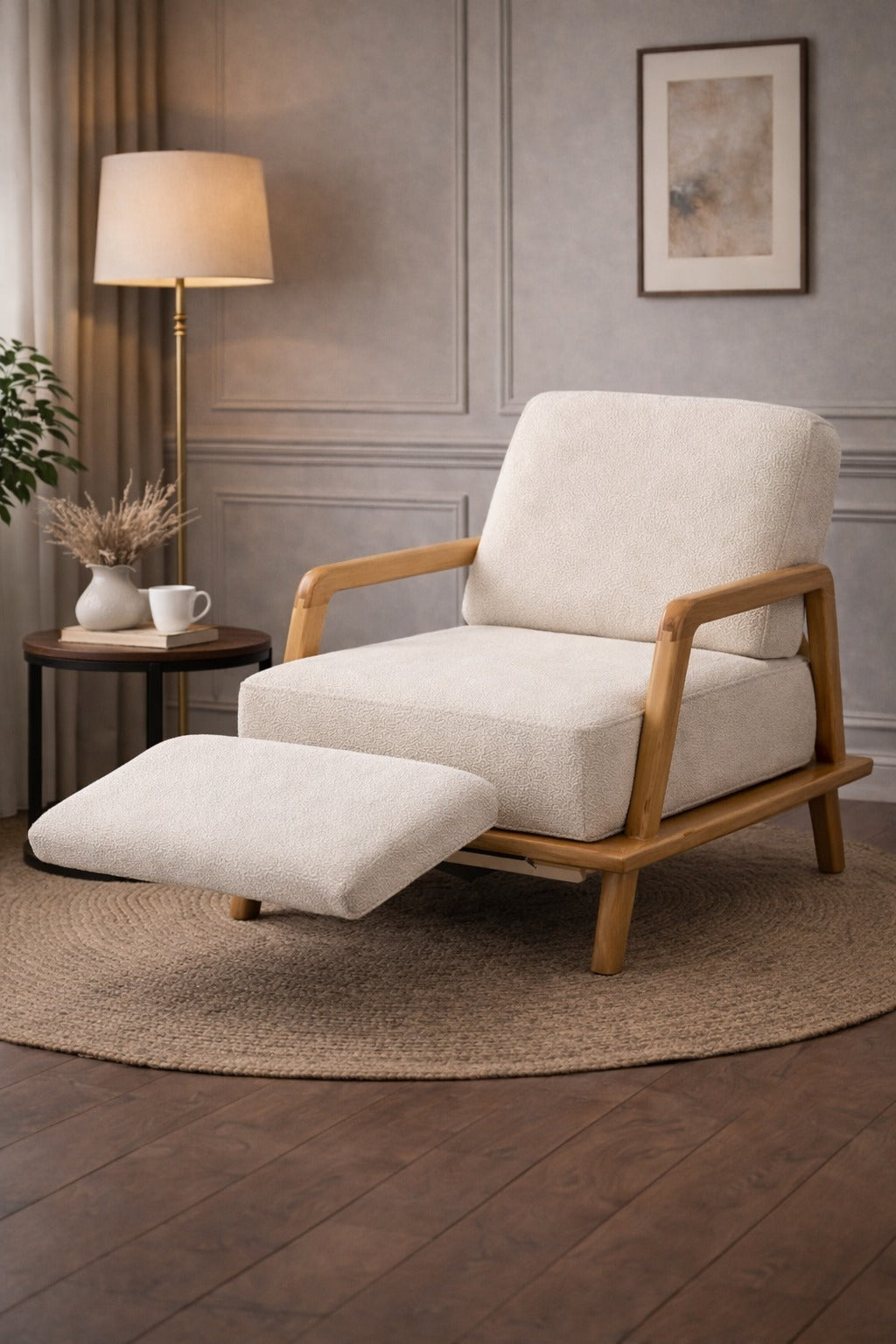 Cream White Boucle Armchair with Natural Wood Frame