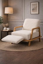 Cream White Boucle Armchair with Natural Wood Frame