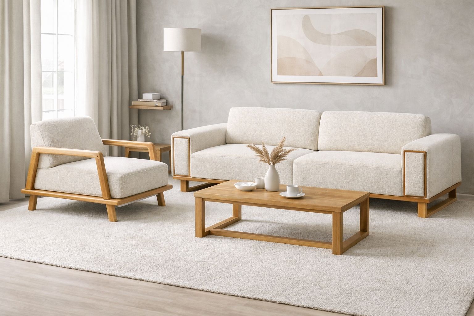 Cream White Boucle Armchair with Natural Wood Frame